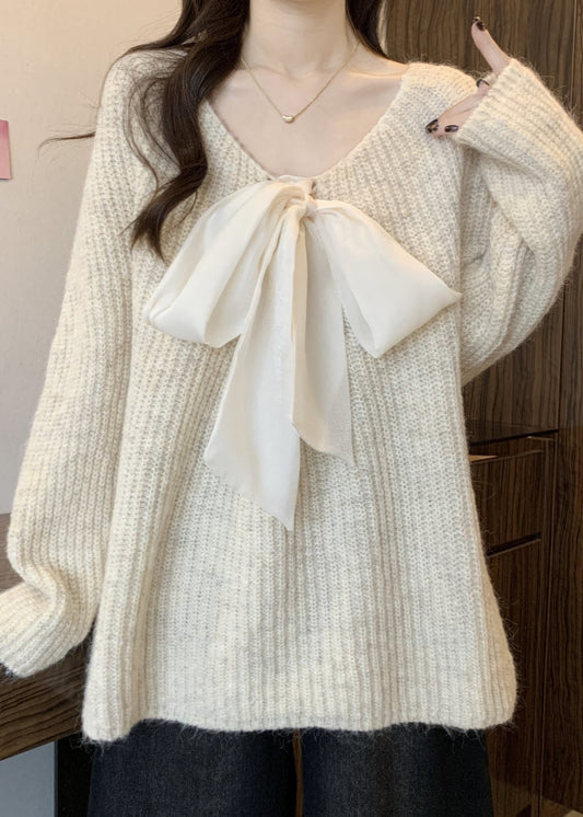 White Cozy Knit Sweaters Oversized Bow Winter