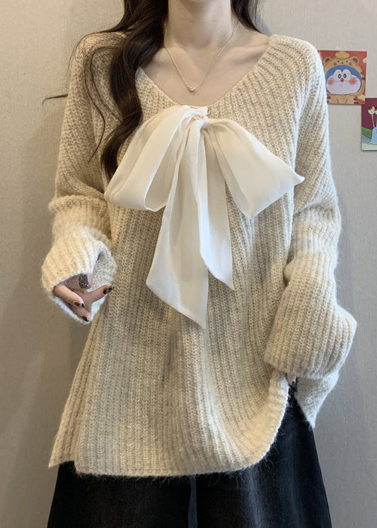 White Cozy Knit Sweaters Oversized Bow Winter