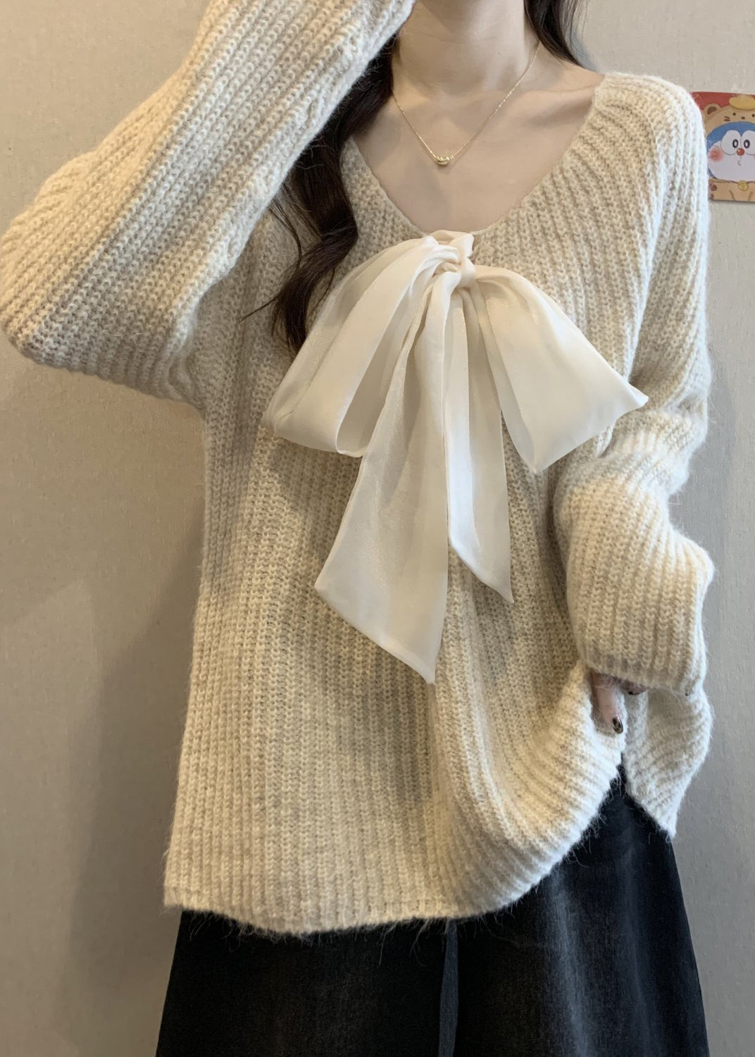White Cozy Knit Sweaters Oversized Bow Winter