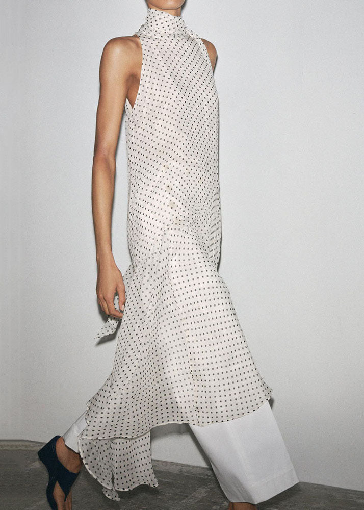 White Dot Side Open Chiffon Long Dress Lace Up Sleeveless