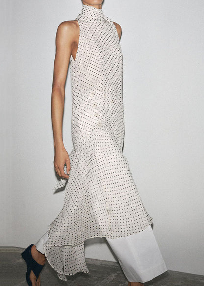 White Dot Side Open Chiffon Long Dress Lace Up Sleeveless