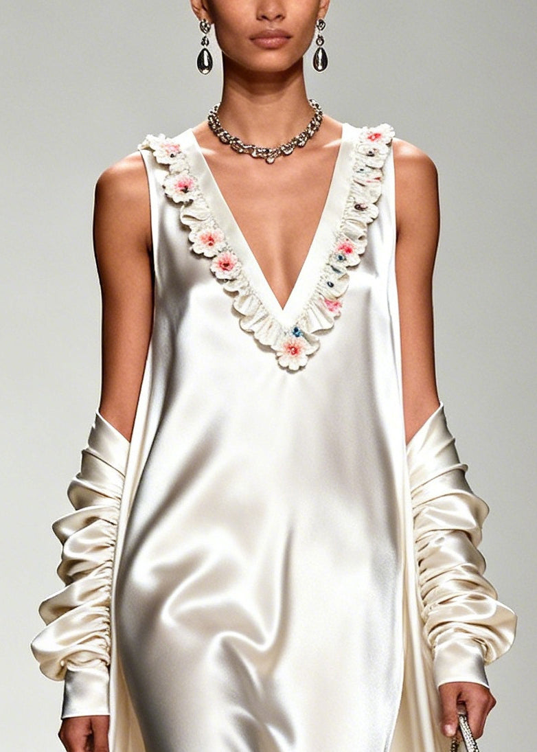 White Draping Silk Vacation Dresses V Neck Exra Large Hem Summer