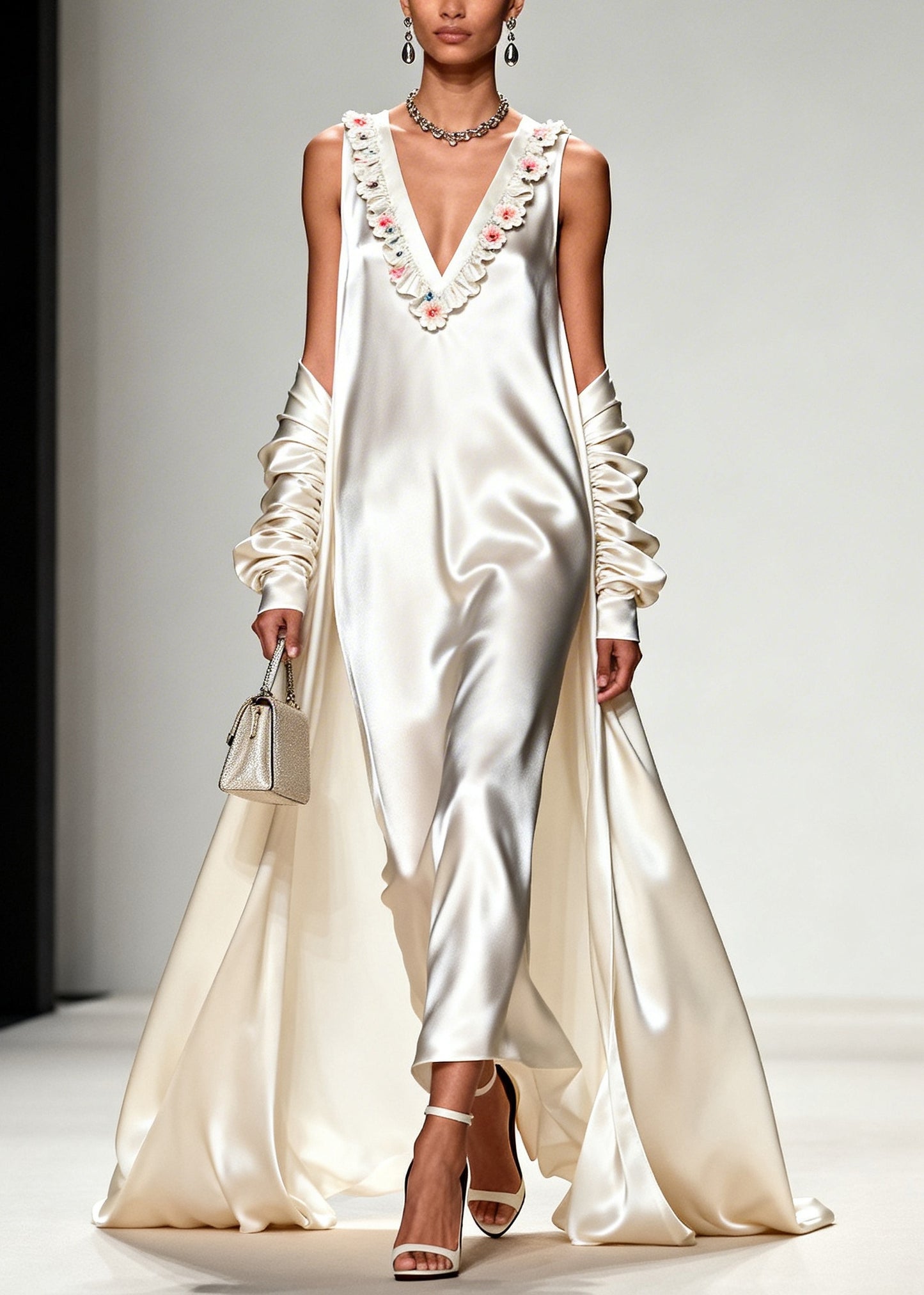 White Draping Silk Vacation Dresses V Neck Exra Large Hem Summer