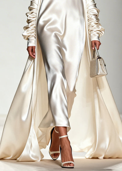 White Draping Silk Vacation Dresses V Neck Exra Large Hem Summer