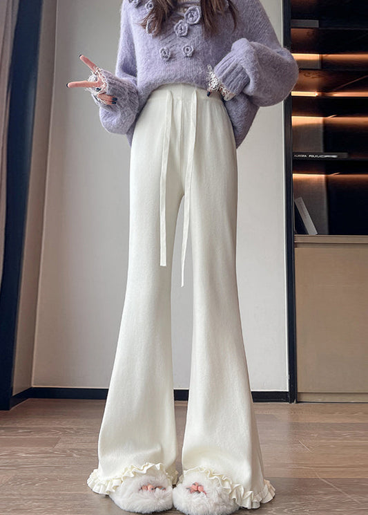 White Elastic Waist Knit Flared Trousers Ruffled
