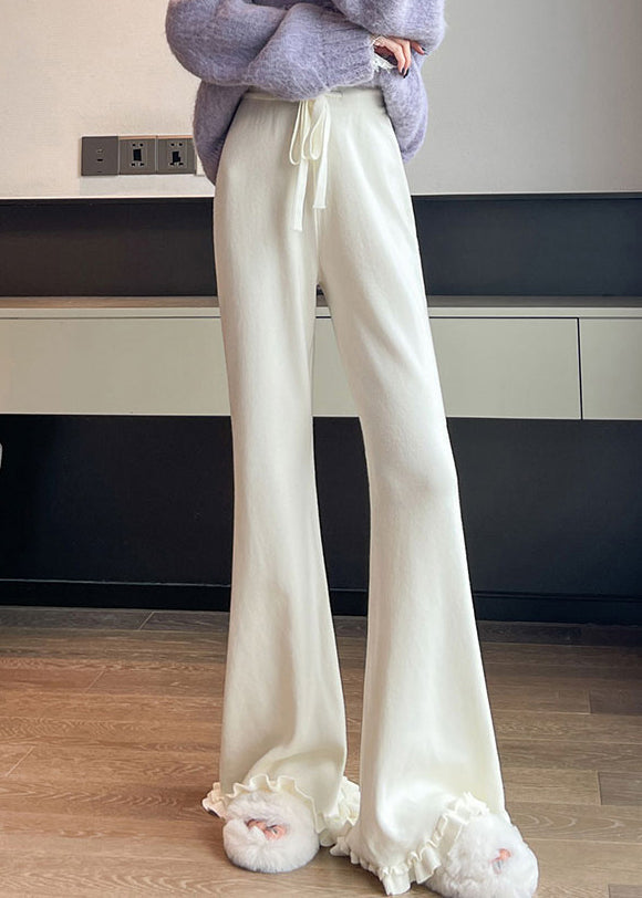 White Elastic Waist Knit Flared Trousers Ruffled