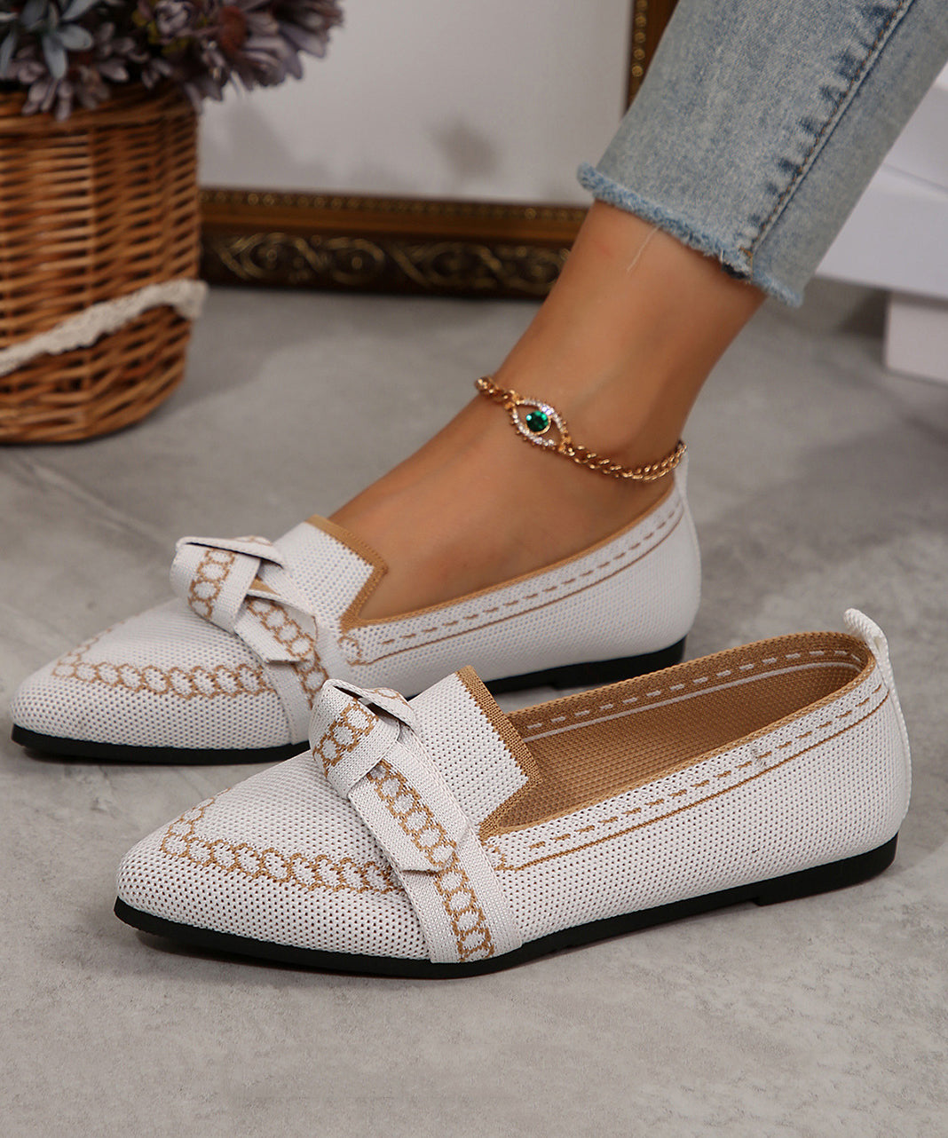 White Flat Shoes For Women Splicing Breathable Mesh Pointed Toe