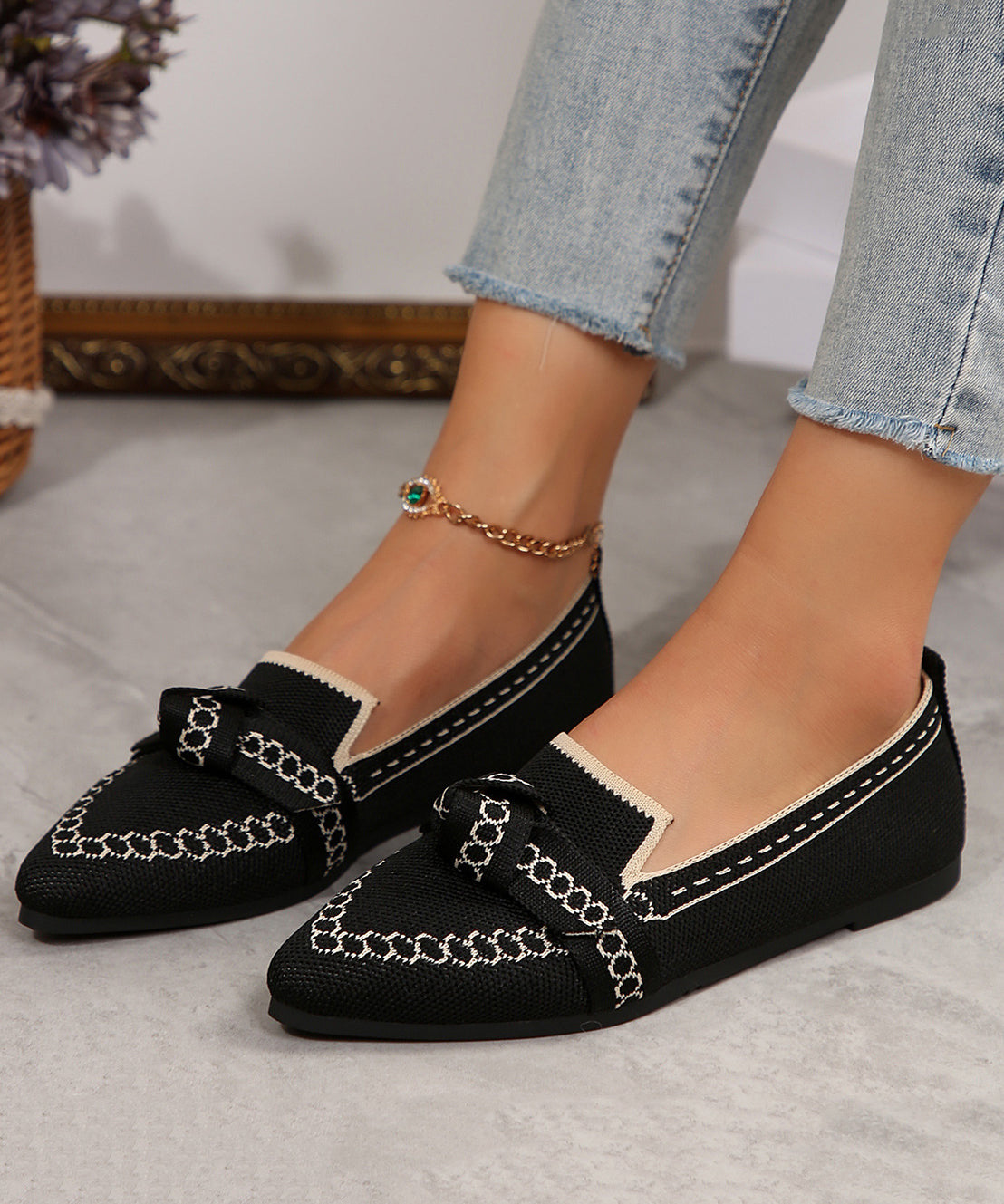 White Flat Shoes For Women Splicing Breathable Mesh Pointed Toe