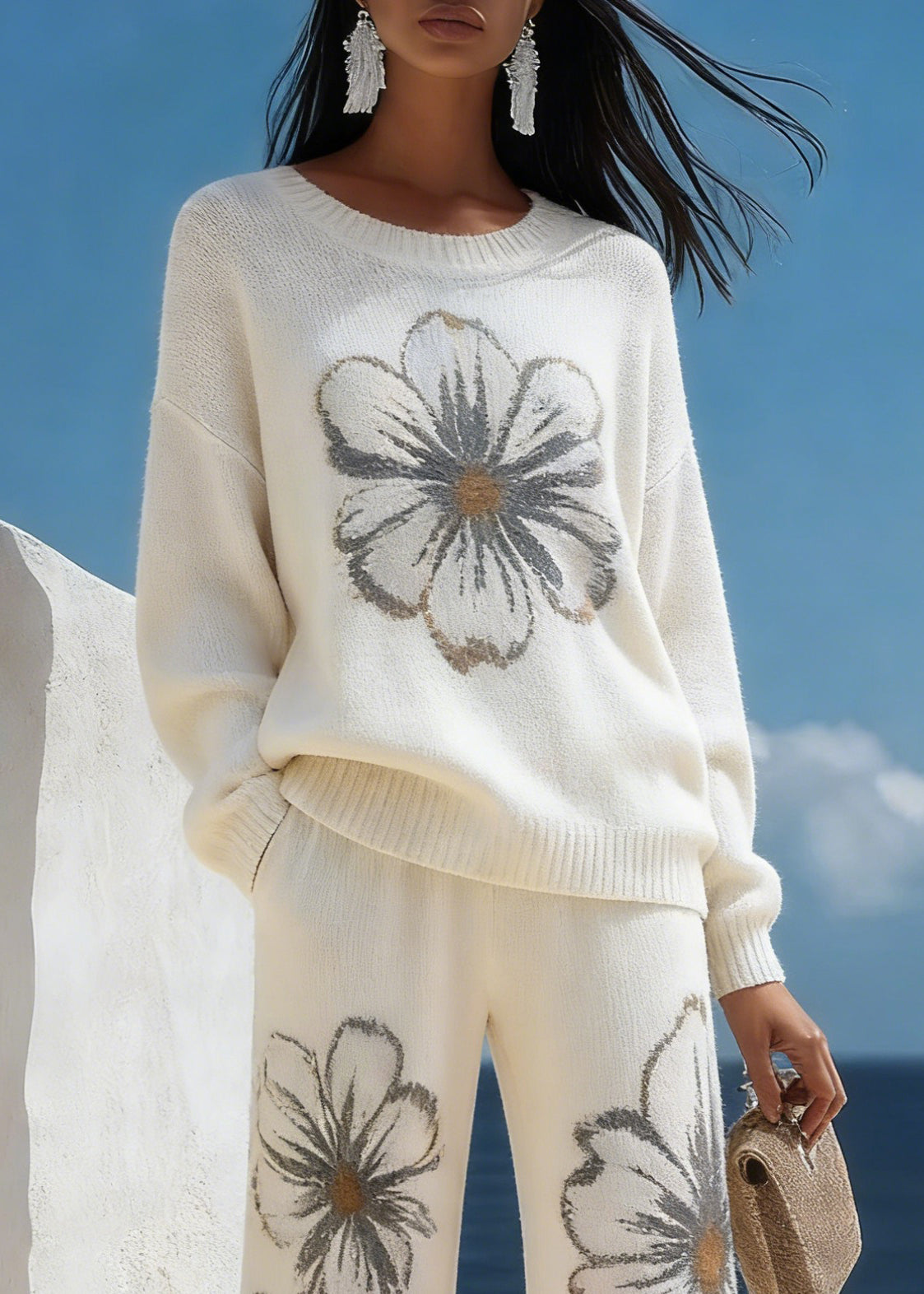 White Floral Cozy Knit Two Piece Suit Set O-Neck Spring
