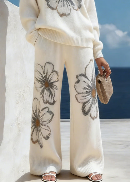White Floral Cozy Knit Two Piece Suit Set O-Neck Spring