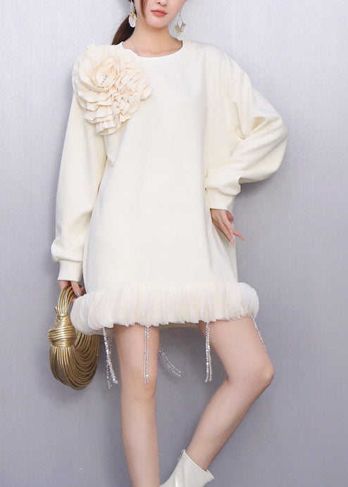 White Floral Decorated Cotton Day Dress Tasseled Spring