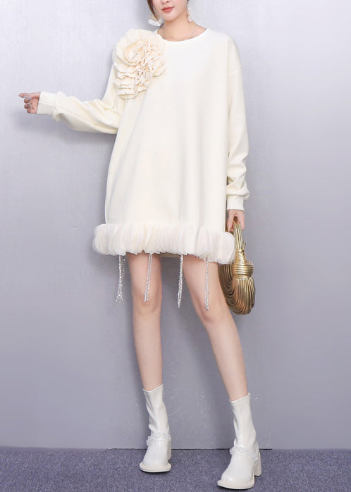 White Floral Decorated Cotton Day Dress Tasseled Spring