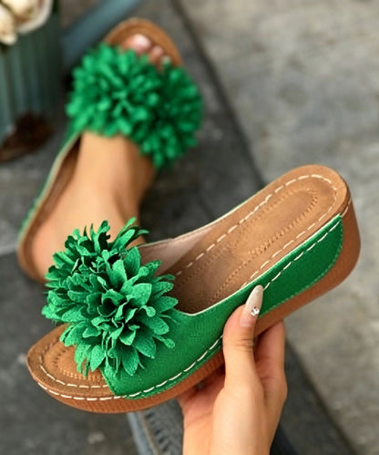 White Floral Decorated Splicing Faux Leather Wedge Slide Sandals