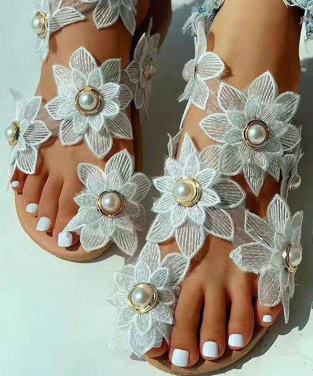 White Floral Nail Bead Boutique Splicing Hiking Sandals