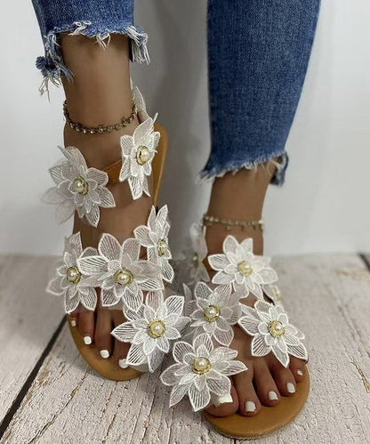 White Floral Nail Bead Boutique Splicing Hiking Sandals