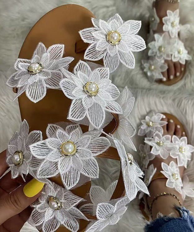 White Floral Nail Bead Boutique Splicing Hiking Sandals