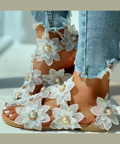 White Floral Nail Bead Boutique Splicing Hiking Sandals