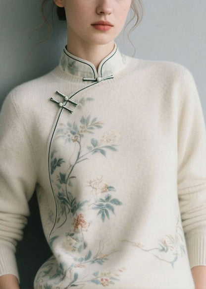White Floral Thick Knit Sweater Stand Collar Winter