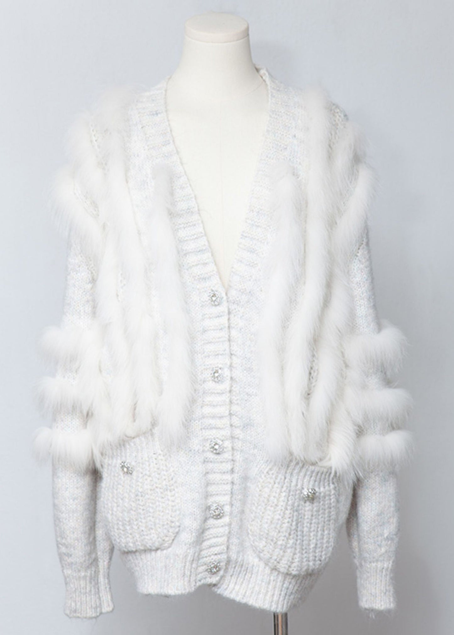 White Fox Fur Pockets Patchwork Woolen Cardigan V Neck