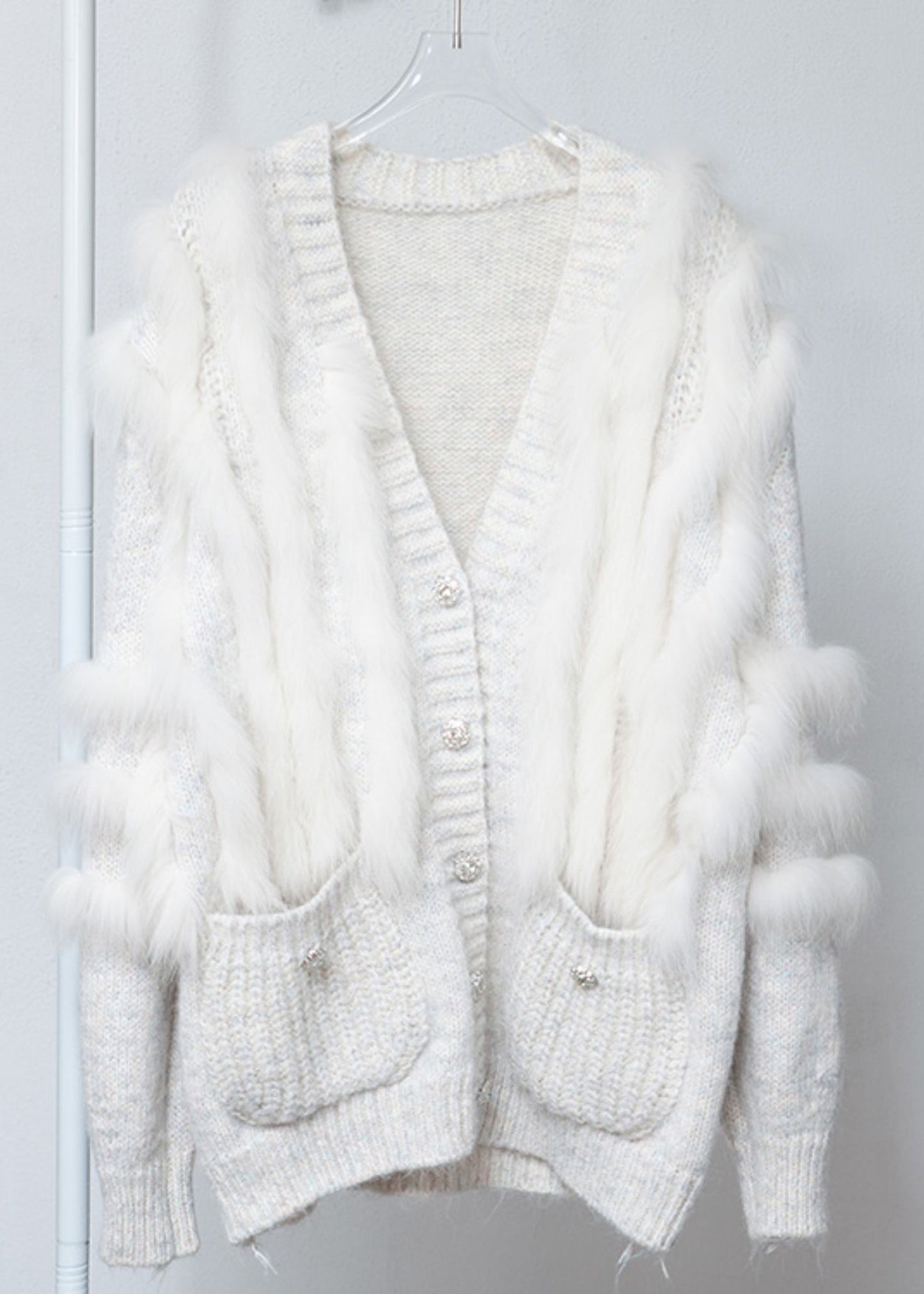 White Fox Fur Pockets Patchwork Woolen Cardigan V Neck