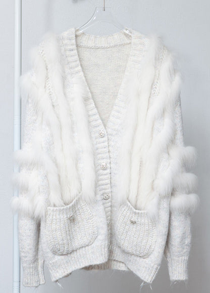 White Fox Fur Pockets Patchwork Woolen Cardigan V Neck