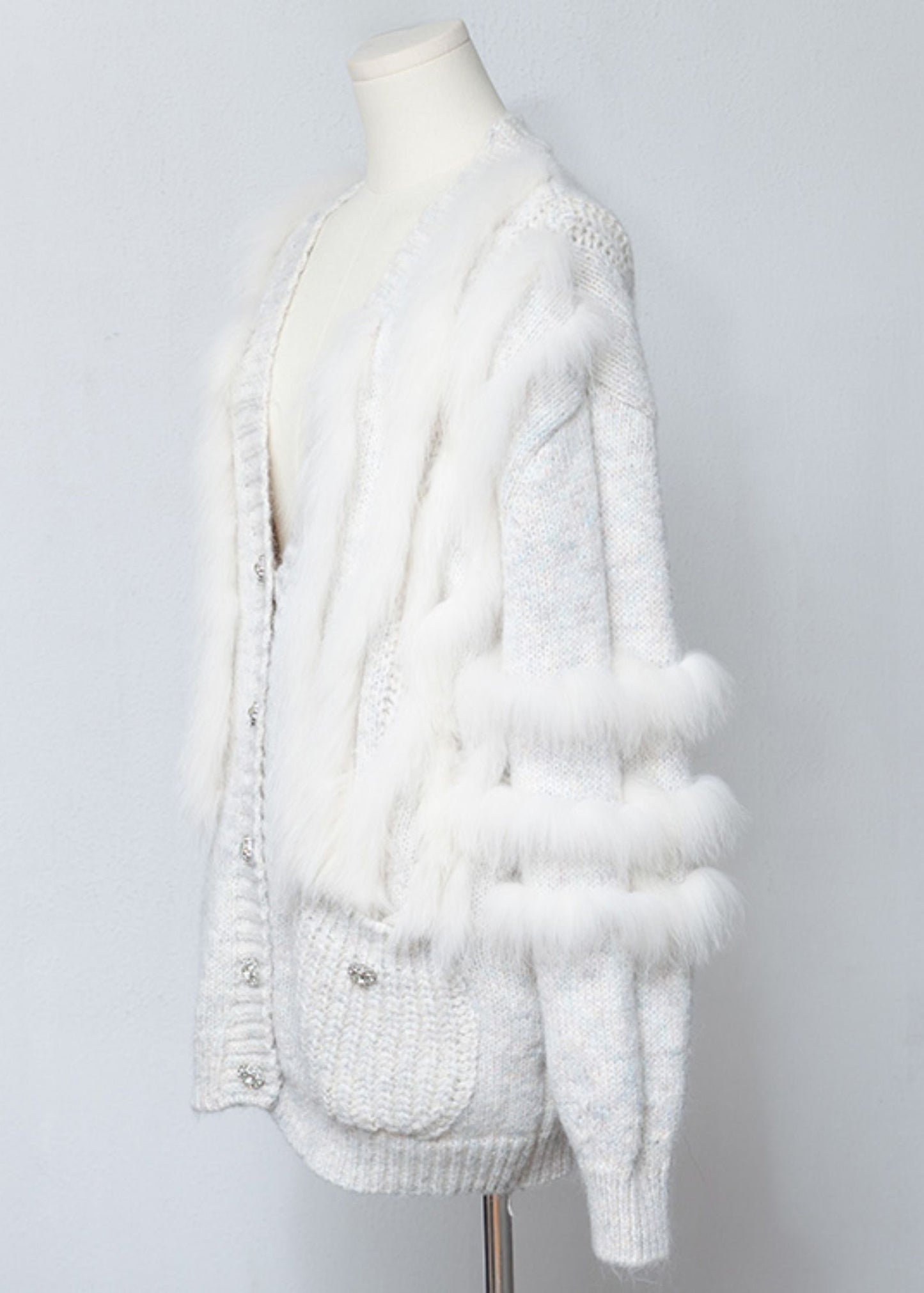 White Fox Fur Pockets Patchwork Woolen Cardigan V Neck