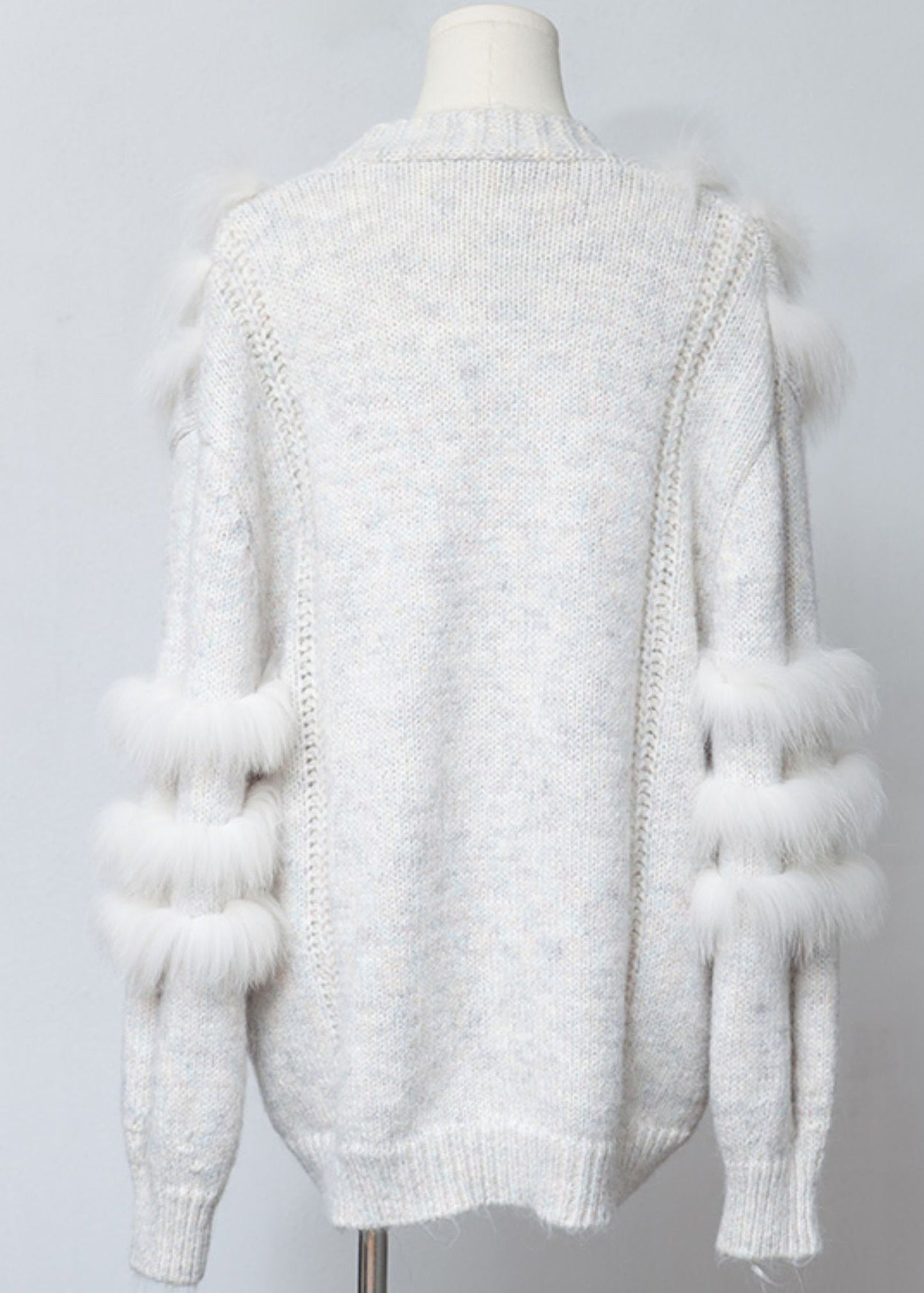 White Fox Fur Pockets Patchwork Woolen Cardigan V Neck