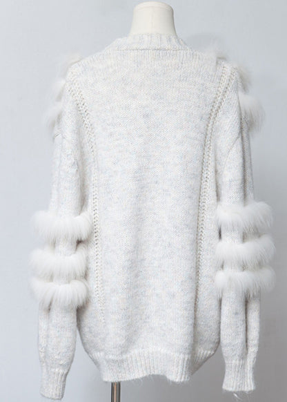 White Fox Fur Pockets Patchwork Woolen Cardigan V Neck