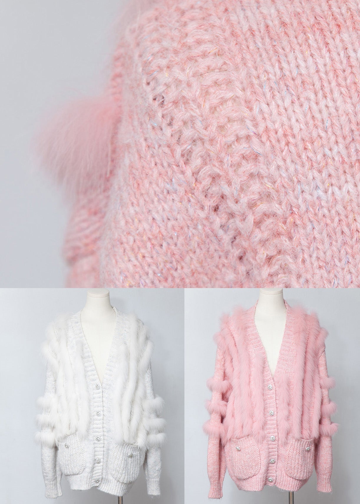 White Fox Fur Pockets Patchwork Woolen Cardigan V Neck