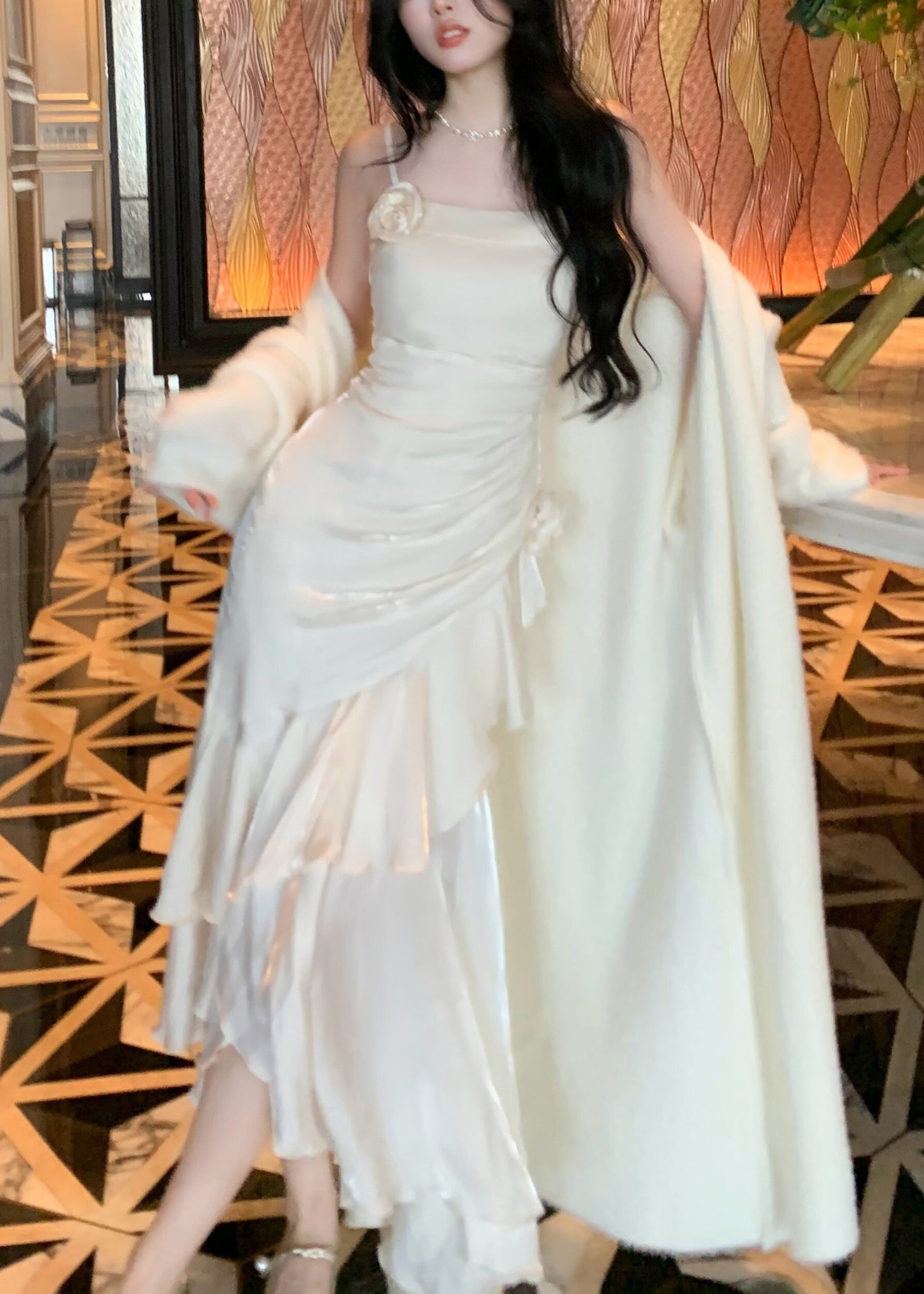 White High Waist Solid Silk Party Dress Ruffled Summer