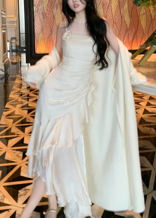 White High Waist Solid Silk Party Dress Ruffled Summer