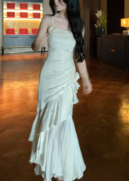 White High Waist Solid Silk Party Dress Ruffled Summer