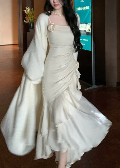 White High Waist Solid Silk Party Dress Ruffled Summer