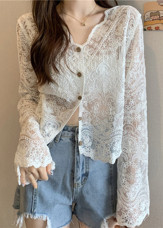 White Hollow Out Button Lace Cardigans V Neck