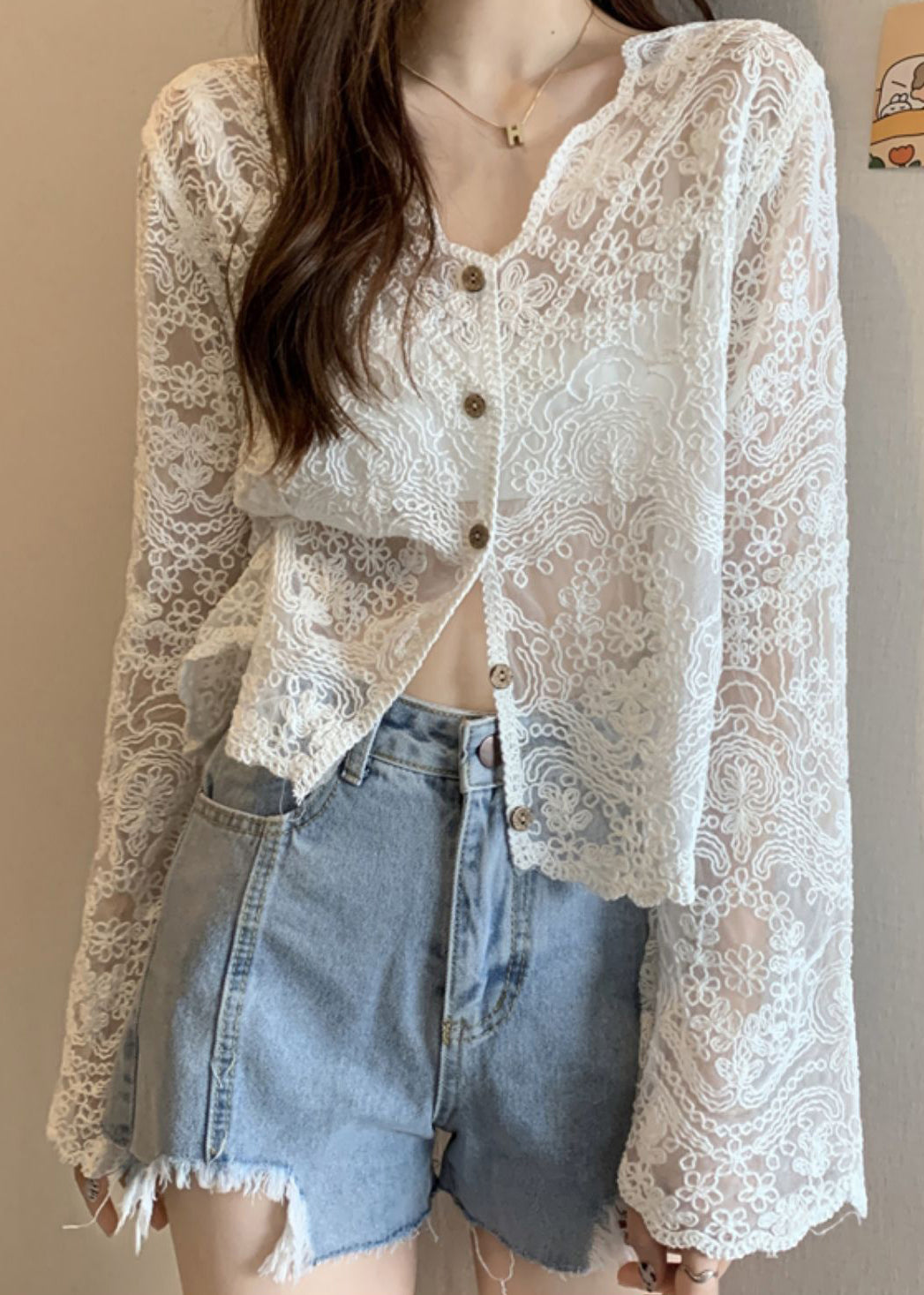 White Hollow Out Button Lace Cardigans V Neck