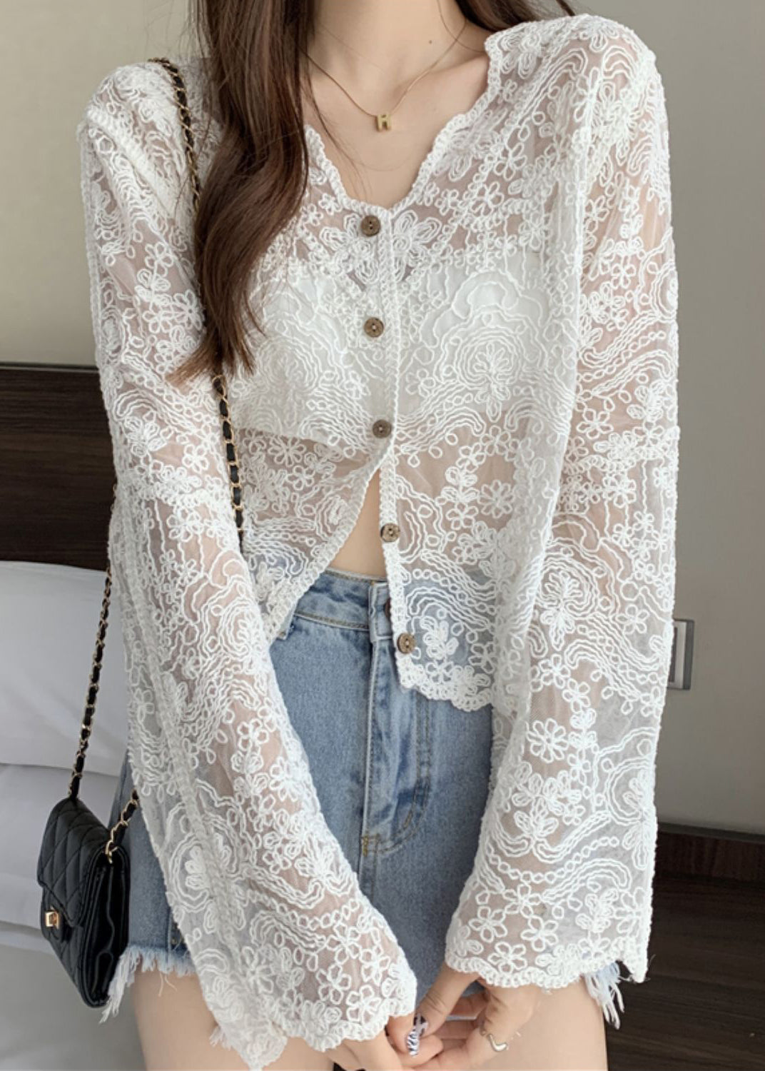 White Hollow Out Button Lace Cardigans V Neck