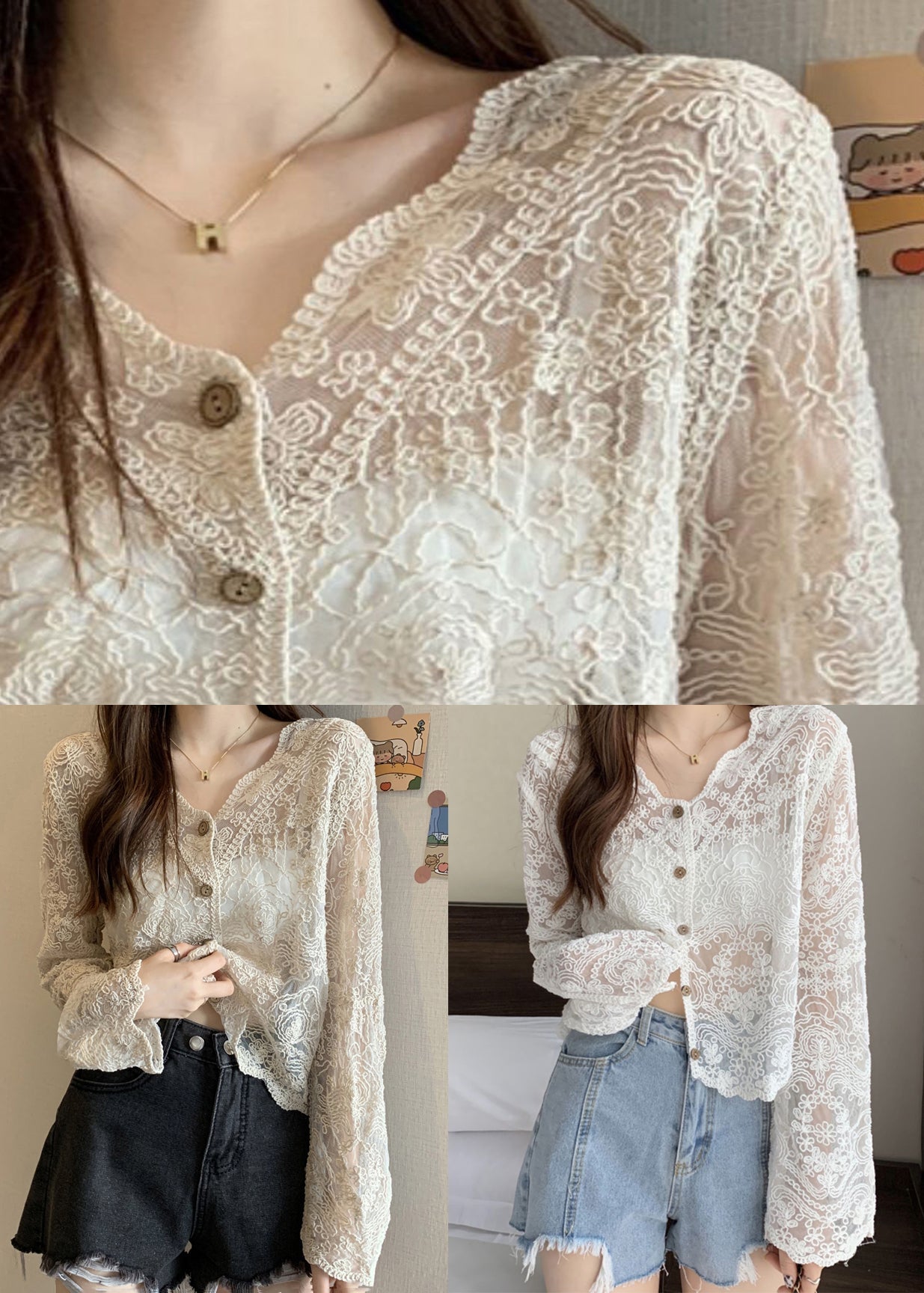 White Hollow Out Button Lace Cardigans V Neck