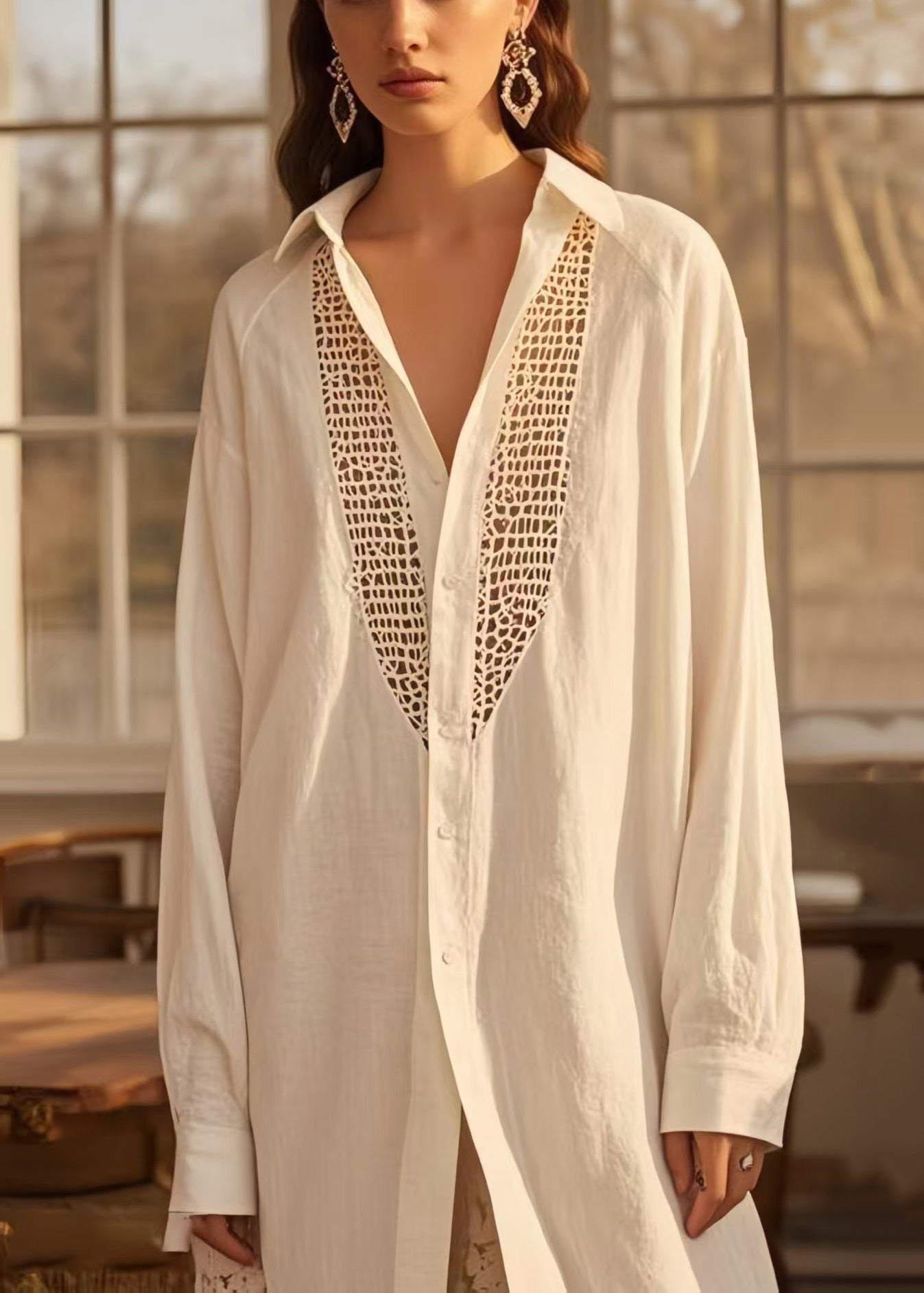 White Hollow Out Cotton Shirt Dresses Oversized Spring