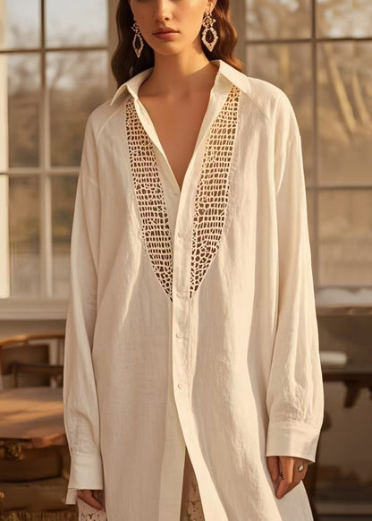 White Hollow Out Cotton Shirt Dresses Oversized Spring