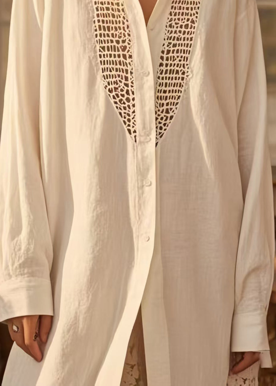 White Hollow Out Cotton Shirt Dresses Oversized Spring
