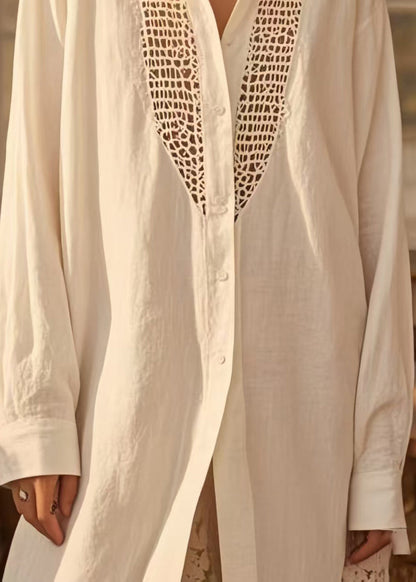 White Hollow Out Cotton Shirt Dresses Oversized Spring