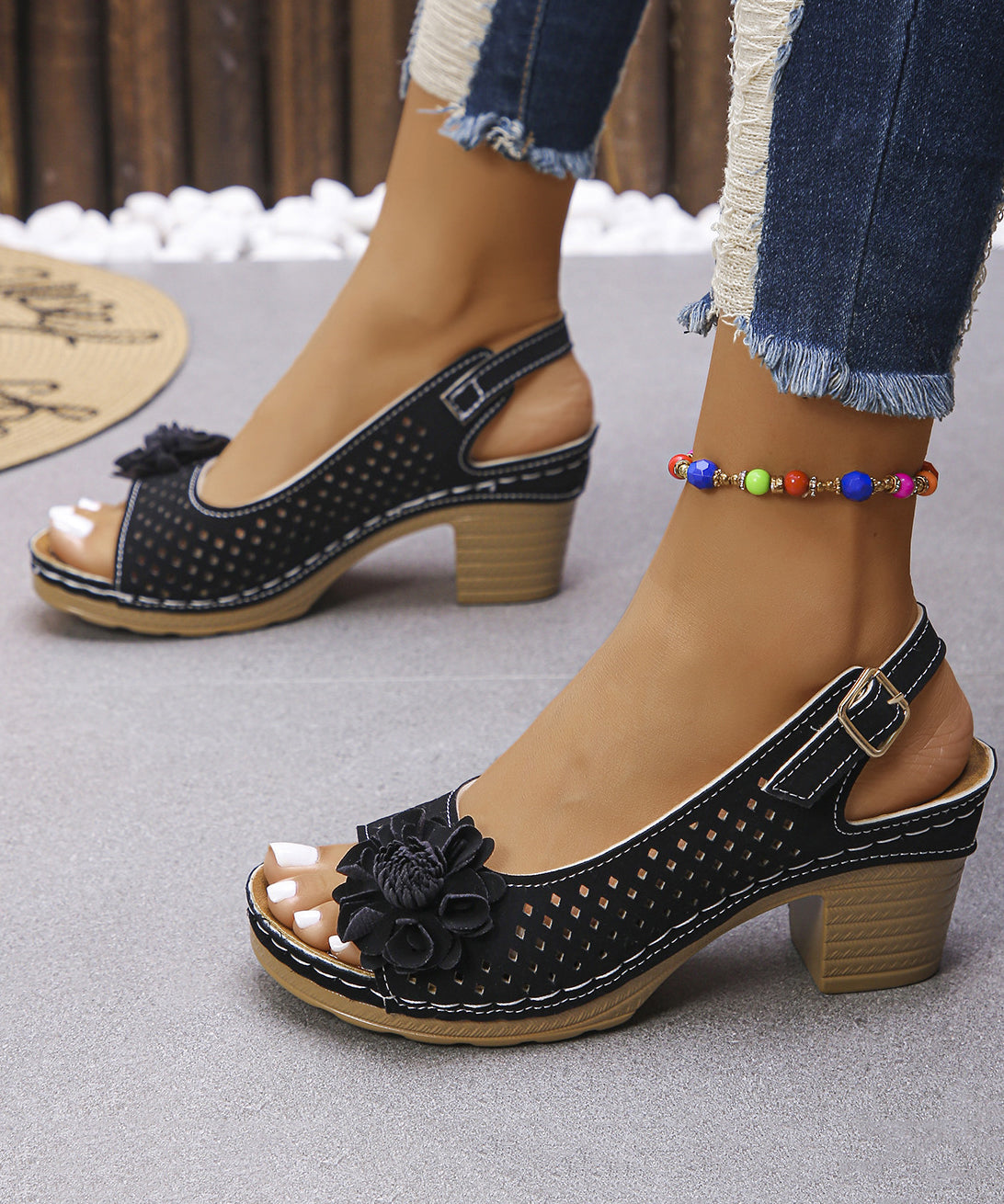 White Hollow Out Floral Splicing Women Chunky Sandals