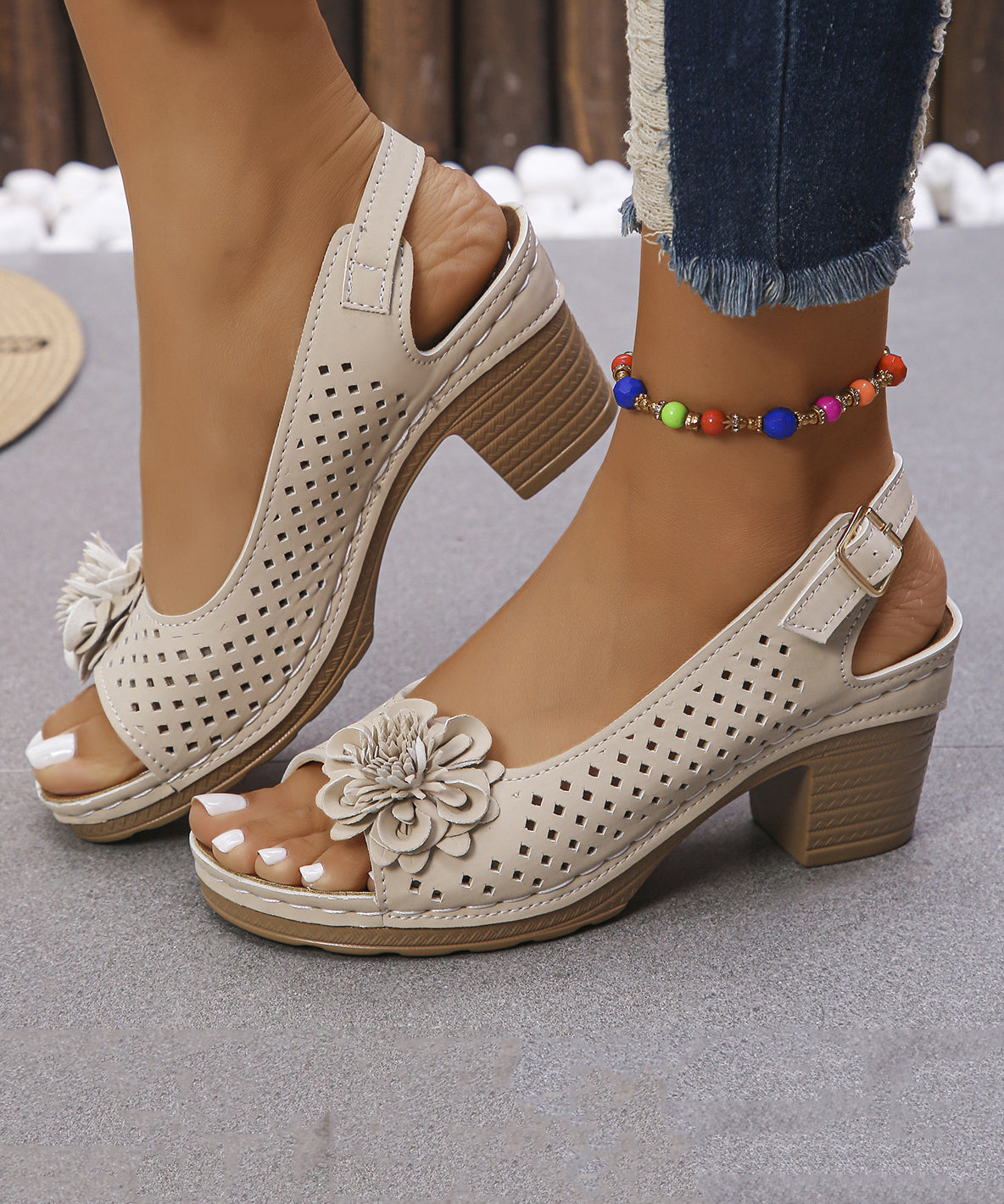White Hollow Out Floral Splicing Women Chunky Sandals