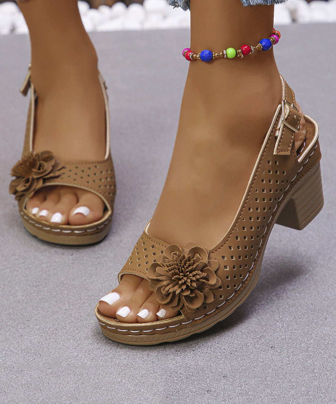 White Hollow Out Floral Splicing Women Chunky Sandals