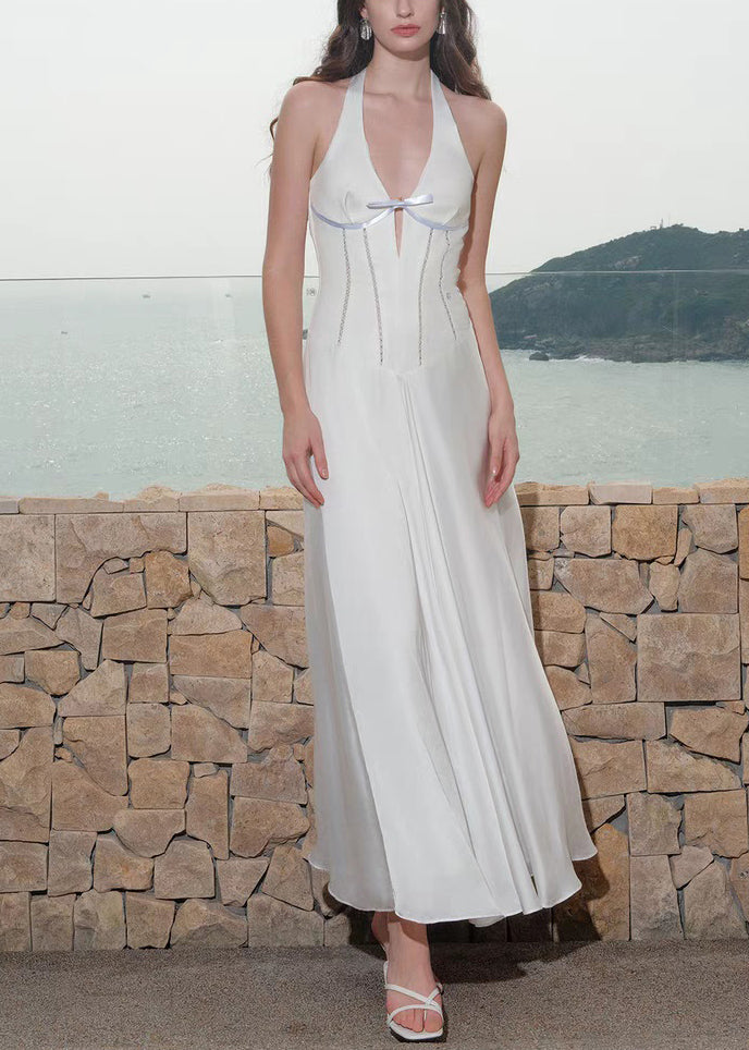 White Hollow Out Lace Up Cotton Long Dress V Neck Summer