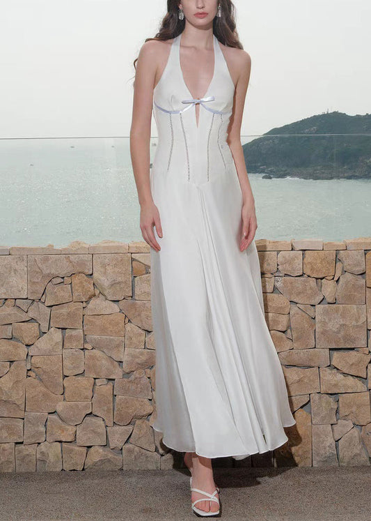 White Hollow Out Lace Up Cotton Long Dress V Neck Summer