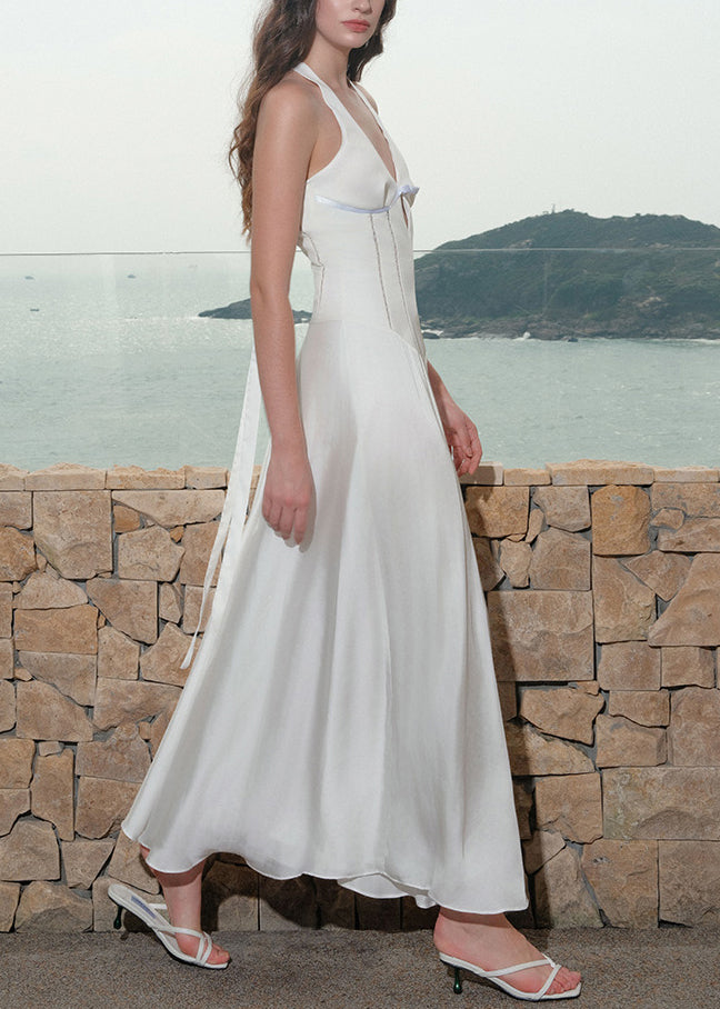 White Hollow Out Lace Up Cotton Long Dress V Neck Summer