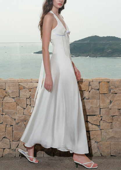 White Hollow Out Lace Up Cotton Long Dress V Neck Summer