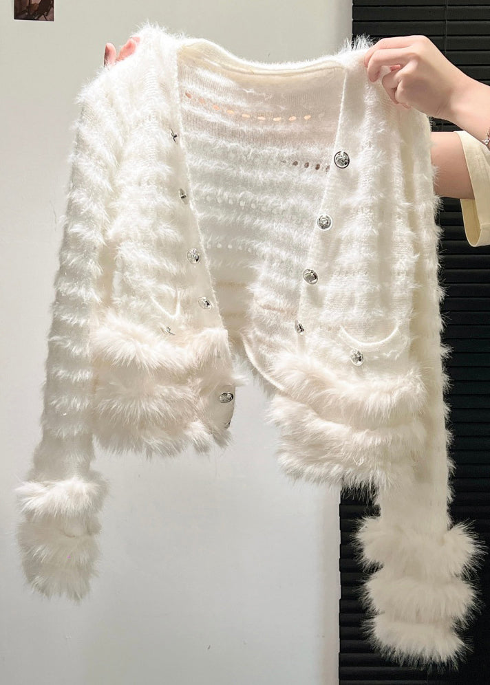 White Hollow Out Pockets Patchwork Knit Coat V Neck