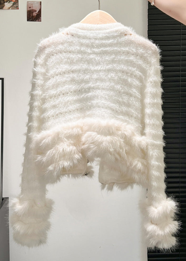 White Hollow Out Pockets Patchwork Knit Coat V Neck